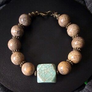 Thick, Massive & Chunky! Turquoise & Picture Jasper Bracelet for 7.5-8" Wrist